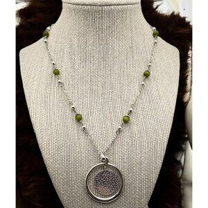 Vintage Silver Tone Circle Pendant Necklace with Green Bead Accents Dangle disc